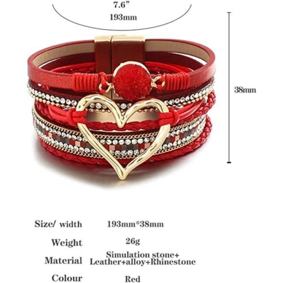 Crystal Heart Beaded Leather Wrap Bracelet for Women - Picture 4 of 6